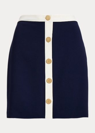 Cremefarbene/marineblaue zweifarbige Krepp-Bleistiftröcke von Ralph Lauren für Damen mit Knopfleiste