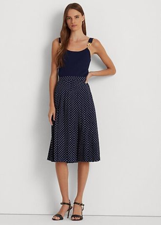 Cremefarbene/marinefarbene Ralph Lauren Plisseeröcke aus Crêpe mit Polka-Dot-Muster für Damen