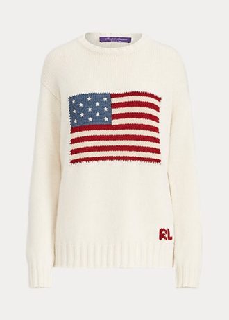 Cremefarbene Polo Ralph Lauren Flag Kaschmirpullover mit Rundhalsausschnitt für Damen