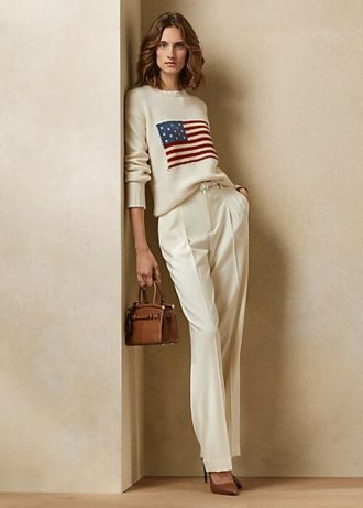 Cremefarbene Polo Ralph Lauren Flag Kaschmirpullover mit Rundhalsausschnitt für Damen