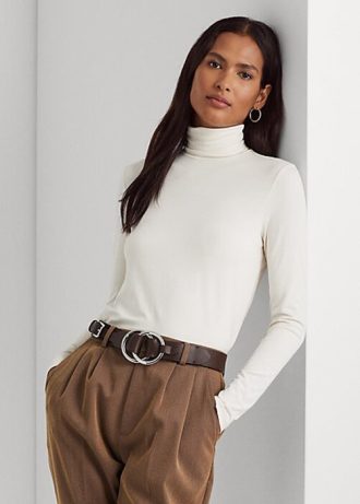 Braune Poloshirts aus Jersey mit langem Arm und Stehkragen für Damen von Ralph Lauren