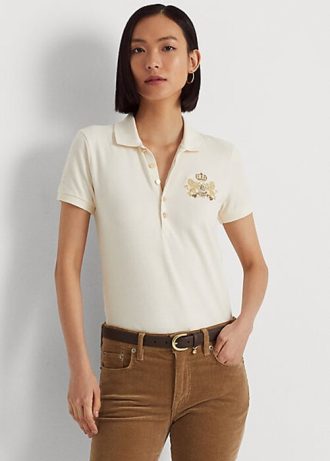 Cremefarbene Poloshirts aus Piqué mit Perlenwappen von Ralph Lauren für Damen