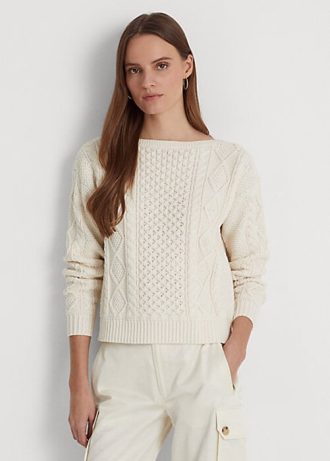 Cremefarbene Ralph Lauren Aran-Strickpullover aus Baumwolle mit U-Boot-Ausschnitt für Damen