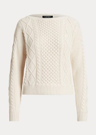Cremefarbene Ralph Lauren Aran-Strickpullover aus Baumwolle mit U-Boot-Ausschnitt für Damen