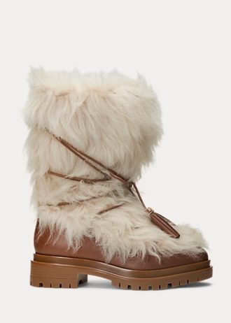Cremefarbene Ralph Lauren Celia Shearling- und brünierte Lederstiefel für Damen