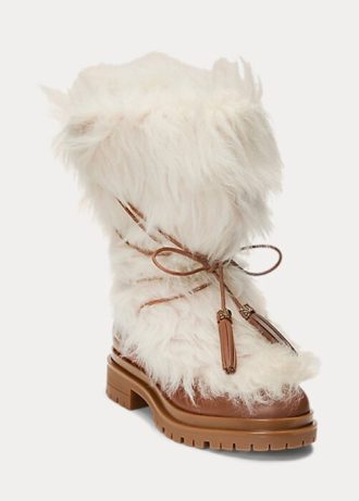 Cremefarbene Ralph Lauren Celia Shearling- und brünierte Lederstiefel für Damen