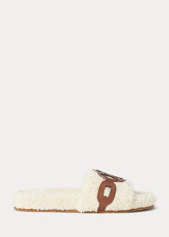 Cremefarbene Ralph Lauren Dixie Flache Schuhe aus Shearling mit Lederbesatz für Damen