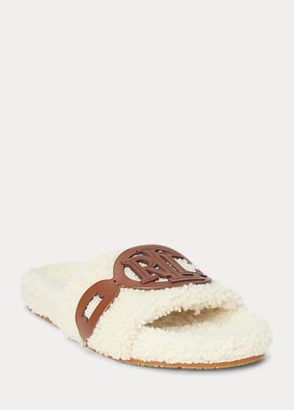 Cremefarbene Ralph Lauren Dixie Flache Schuhe aus Shearling mit Lederbesatz für Damen