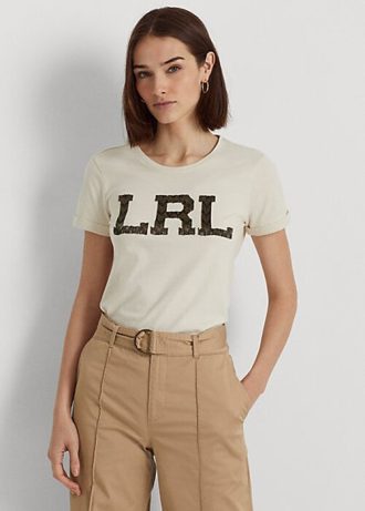 Cremefarbene Ralph Lauren Jersey-T-Shirts mit Perlen-Logo für Damen Cremefarbene Ralph Lauren Jersey-T-Shirts mit Perlen-Logo für Damen