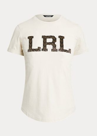 Cremefarbene Ralph Lauren Jersey-T-Shirts mit Perlen-Logo für Damen Cremefarbene Ralph Lauren Jersey-T-Shirts mit Perlen-Logo für Damen