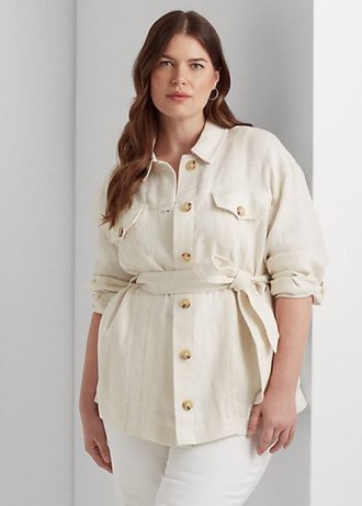 Cremefarbene Ralph Lauren Leinenjacken mit Gürtel und Fischgrätenmuster für Damen Cremefarbene Ralph Lauren Leinenjacken mit Gürtel und Fischgrätenmuster für Damen