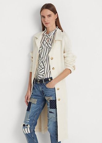 Cremefarbene Ralph Lauren Leinenmäntel mit Gürtel und Fischgrätenmuster für Damen