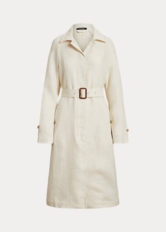Cremefarbene Ralph Lauren Leinenmäntel mit Gürtel und Fischgrätenmuster für Damen