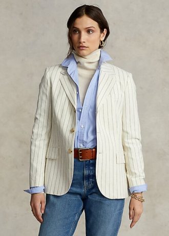 Cremefarbene Ralph Lauren Nadelstreifen-Blazer aus Baumwolle, Leinen und Wolle für Damen
