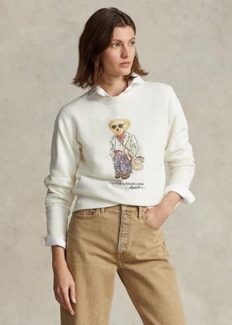 Cremefarbene Ralph Lauren Polo Bear Fleece-Sweatshirts mit Rundhalsausschnitt für Damen