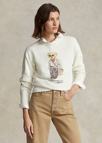 Cremefarbene Ralph Lauren Polo Bear Fleece-Sweatshirts mit Rundhalsausschnitt für Damen