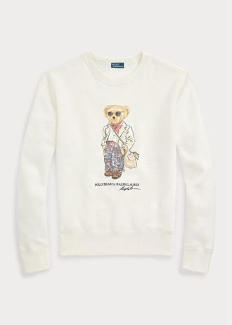 Cremefarbene Ralph Lauren Polo Bear Fleece-Sweatshirts mit Rundhalsausschnitt für Damen
