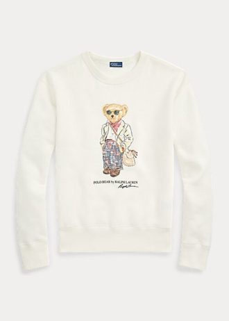 Cremefarbene Ralph Lauren Polo Bear Fleece-Sweatshirts mit Rundhalsausschnitt für Damen