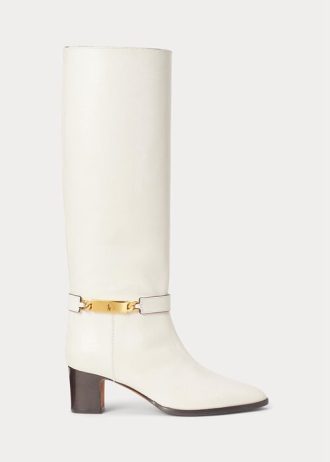 Cremefarbene Ralph Lauren Polo ID Stiefel aus gewachstem Kalbsleder für Damen