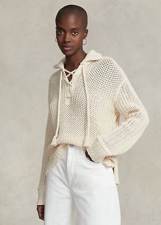 Cremefarbene Ralph Lauren Pullover aus Baumwolle und Wolle mit Kreuzstich-Schnürung für Damen