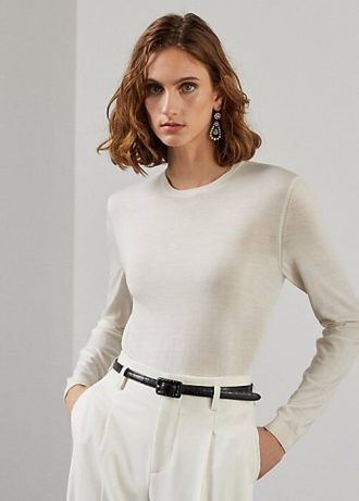 Cremefarbene Ralph Lauren Pullover aus Merinowolle mit Rundhalsausschnitt für Damen