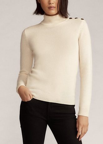 Cremefarbene Ralph Lauren Rollkragenpullover aus Kaschmir mit Knöpfen für Damen