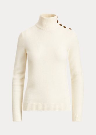 Cremefarbene Ralph Lauren Rollkragenpullover aus Kaschmir mit Knöpfen für Damen