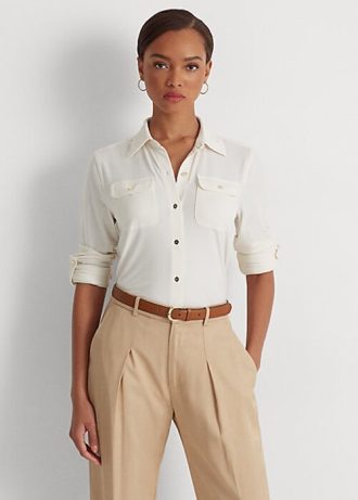 Cremefarbene Ralph Lauren Stretch-Jersey-Hemden für Damen