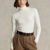 Cremefarbene Ralph Lauren Stretch Ribbed Turtleneck T-Shirts für Damen Cremefarbene Ralph Lauren Stretch Ribbed Turtleneck T-Shirts für Damen