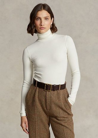 Cremefarbene Ralph Lauren Stretch Ribbed Turtleneck T-Shirts für Damen Cremefarbene Ralph Lauren Stretch Ribbed Turtleneck T-Shirts für Damen
