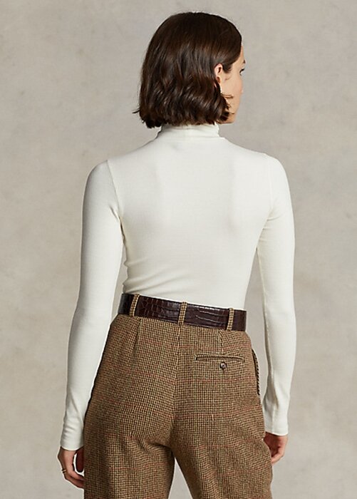 Cremefarbene Ralph Lauren Stretch Ribbed Turtleneck T-Shirts für Damen Cremefarbene Ralph Lauren Stretch Ribbed Turtleneck T-Shirts für Damen