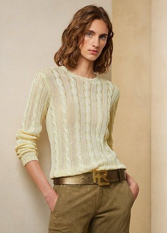 Cremefarbene Ralph Lauren-Strickpullover aus Seide mit Rundhalsausschnitt und Zopfmuster für Damen