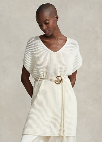 Cremefarbene Ralph Lauren Tunika-Pullover aus Merinowolle mit offenem Stich für Damen