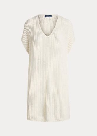 Cremefarbene Ralph Lauren Tunika-Pullover aus Merinowolle mit offenem Stich für Damen