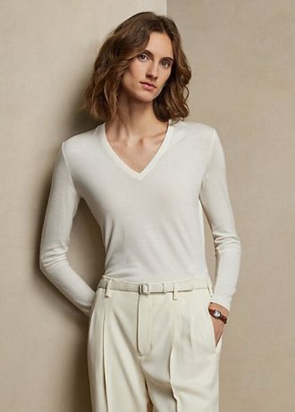 Cremefarbene Ralph Lauren Wollpullover mit langen Ärmeln und V-Ausschnitt für Damen