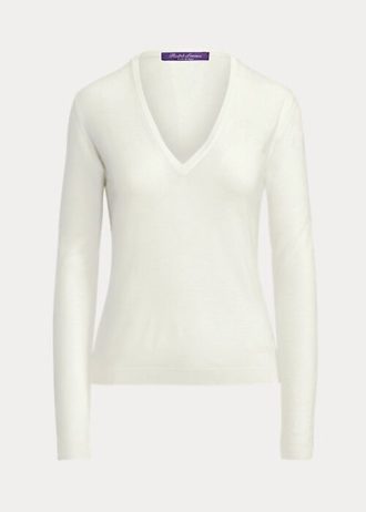 Cremefarbene Ralph Lauren Wollpullover mit langen Ärmeln und V-Ausschnitt für Damen