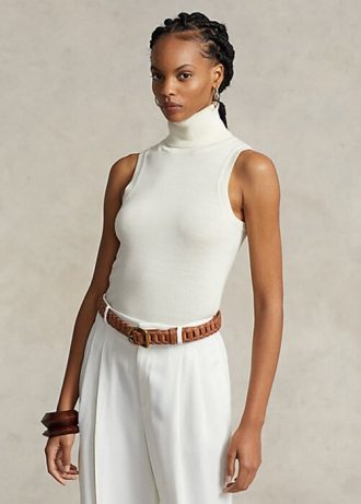 Cremefarbene ärmellose Rollkragenpullover aus Wolle von Ralph Lauren für Damen