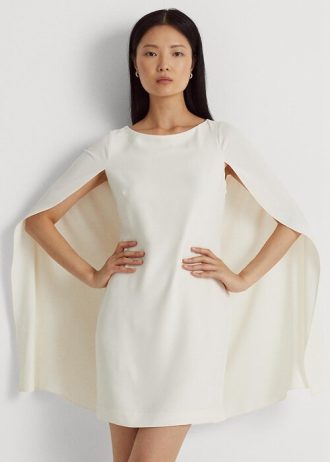 Cremefarbenes Cocktailkleid aus Georgette mit Cape-Muster von Ralph Lauren für Damen