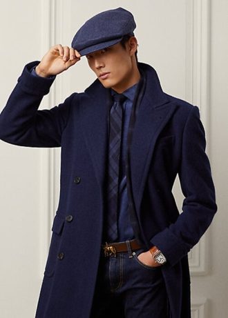 Dunkelblaue Herrenmäntel aus handgefertigter Wolle mit Fischgrätenmuster von Ralph Lauren