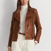 Dunkelbraune Ralph Lauren Leder-Motorradjacken für Damen Dunkelbraune Ralph Lauren Leder-Motorradjacken für Damen
