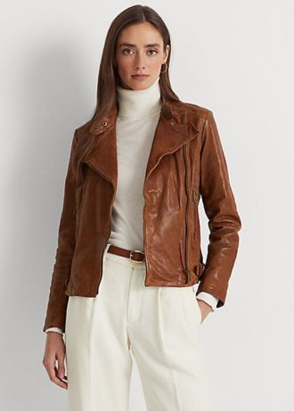 Dunkelbraune Ralph Lauren Leder-Motorradjacken für Damen Dunkelbraune Ralph Lauren Leder-Motorradjacken für Damen