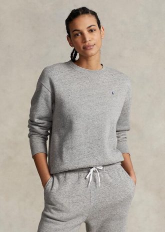 Dunkelgraue Ralph Lauren Fleece-Pullover mit Rundhalsausschnitt für Damen