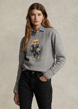 Dunkelgraue Ralph Lauren Polo Bear Fleece-Sweatshirts mit Rundhalsausschnitt für Damen