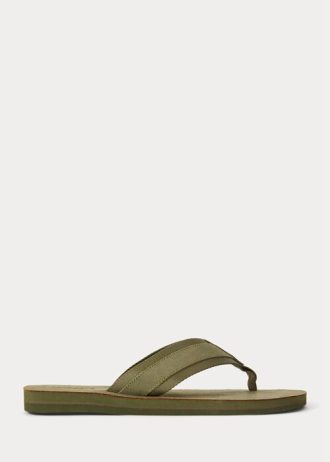 Dunkelolivgrüne Ralph Lauren Wildleder-Flip-Flops mit Ripsbandbesatz für Herren