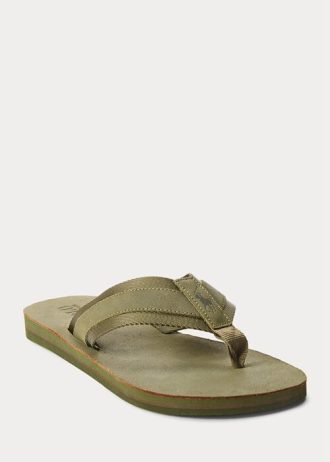 Dunkelolivgrüne Ralph Lauren Wildleder-Flip-Flops mit Ripsbandbesatz für Herren