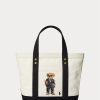 Ecru/Schwarze Ralph Lauren Canvas-Tragetaschen mit kleinem Polo Bear für Damen Ecru/Schwarze Ralph Lauren Canvas-Tragetaschen mit kleinem Polo Bear für Damen
