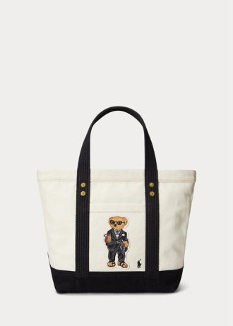 Ecru/Schwarze Ralph Lauren Canvas-Tragetaschen mit kleinem Polo Bear für Damen