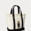 Ecru/Schwarze Ralph Lauren Canvas-Tragetaschen mit kleinem Polo Bear für Damen Ecru/Schwarze Ralph Lauren Canvas-Tragetaschen mit kleinem Polo Bear für Damen