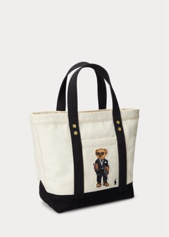 Ecru/Schwarze Ralph Lauren Canvas-Tragetaschen mit kleinem Polo Bear für Damen