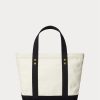 Ecru/Schwarze Ralph Lauren Canvas-Tragetaschen mit kleinem Polo Bear für Damen Ecru/Schwarze Ralph Lauren Canvas-Tragetaschen mit kleinem Polo Bear für Damen